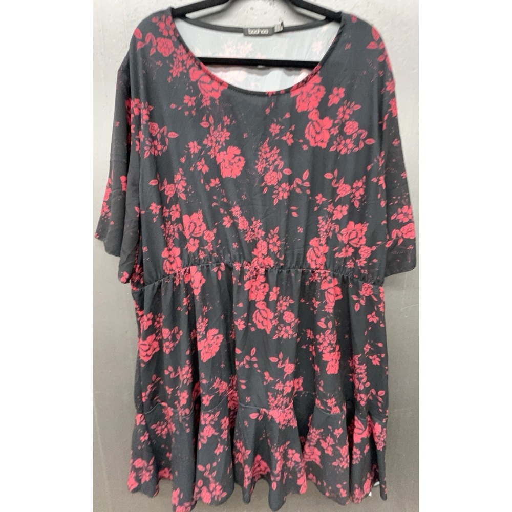 Women Mini Dress‎ 24 Black Red Floral Short Sleeve Ruffle Lightweight Flowy Boho